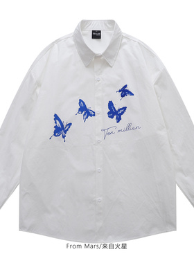 From Mars 蓝色蝴蝶 日系街头复古休闲翻领宽松百搭长袖衬衫男女