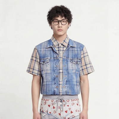 复古叠穿风马甲格纹短袖衬衫