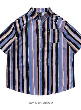 From Mars 欢喜而行 原创设计感紫色竖条纹翻领短袖衬衫宽松情侣