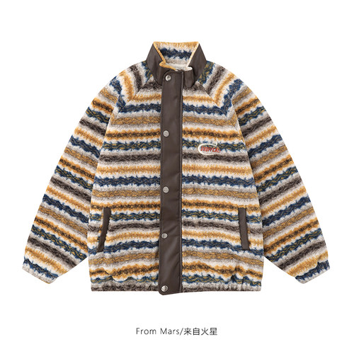 条纹羊羔绒外套宽松加绒厚棉服