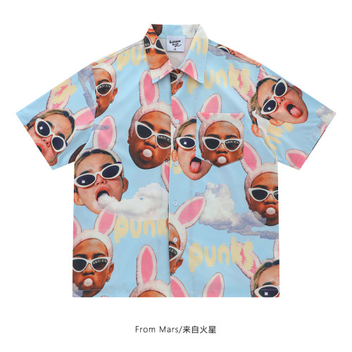 时尚人物印花宽松短袖衬衫情侣