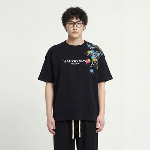 From Mars 及时行乐 美式复古字母印花宽松圆领设计感短袖T恤男女