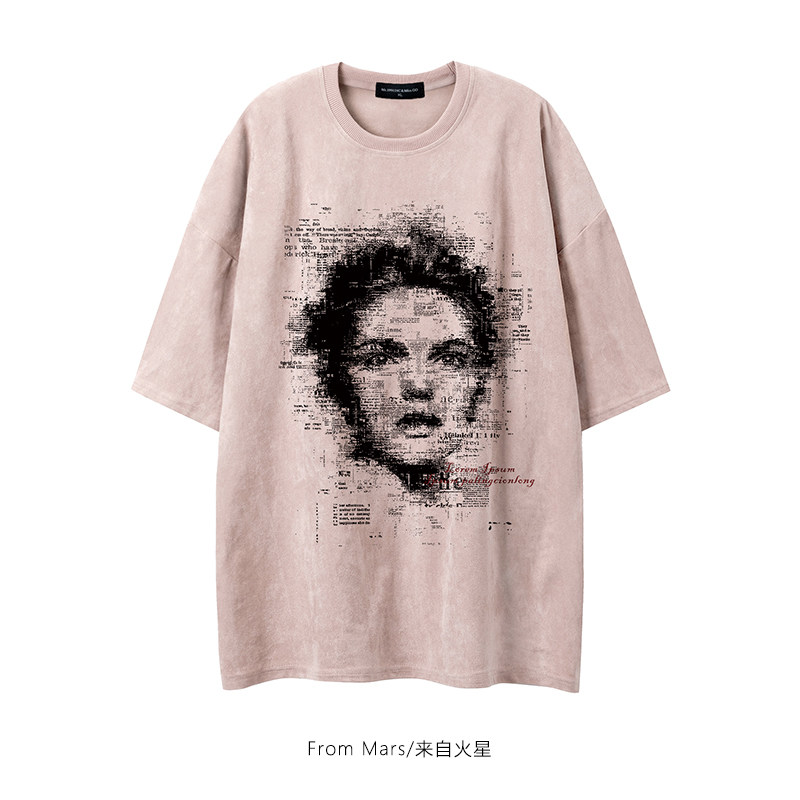 from mars 坚毅的眼神 欧美复古设计感人物印花宽松麂皮绒短袖t恤