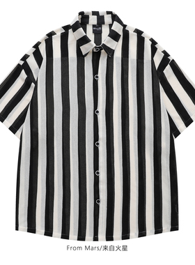 From Mars 分层印花 男女美式高街痞帅短袖潮牌夏季宽松黑色衬衫
