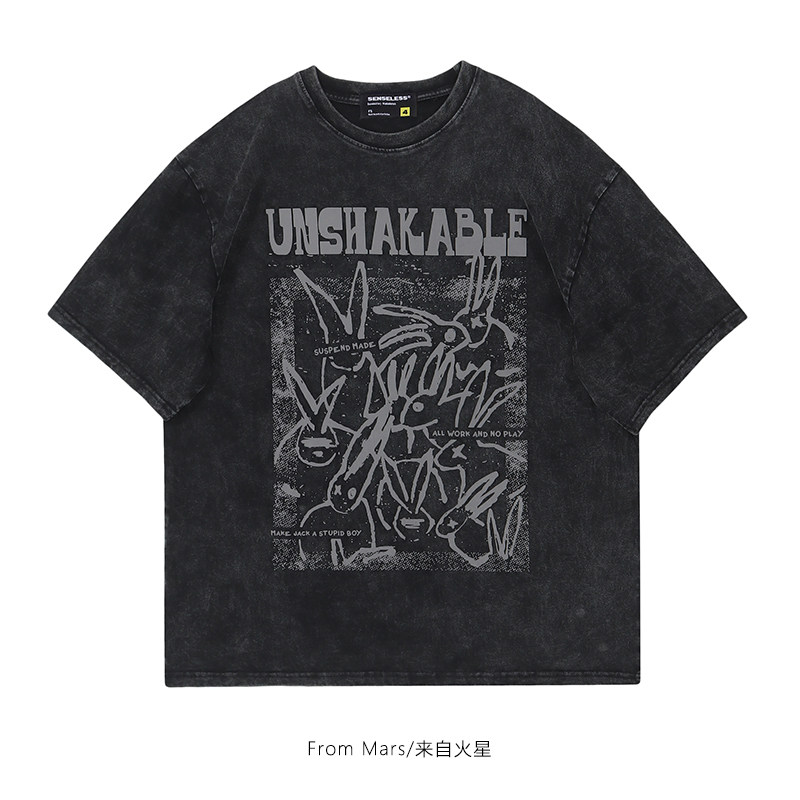from mars 拥挤的兔子 暗黑系动物字母印花圆领短袖t恤宽松街头bf