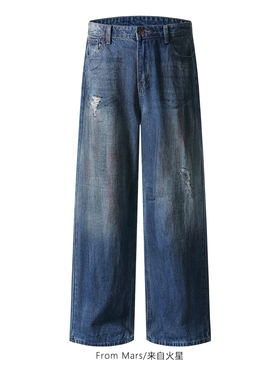 From Mars 蓝色高街 水洗做旧小众做旧复古街头牛仔裤宽松长裤潮