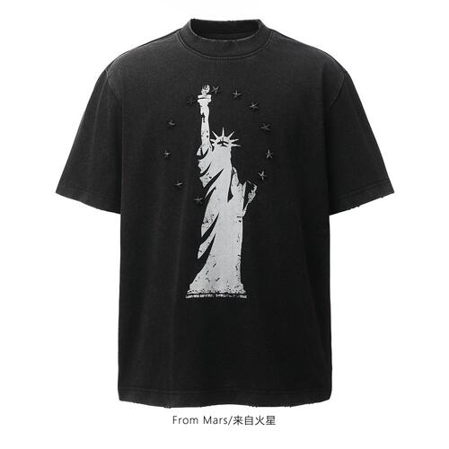 旧印人像印花短袖T恤五角星贴