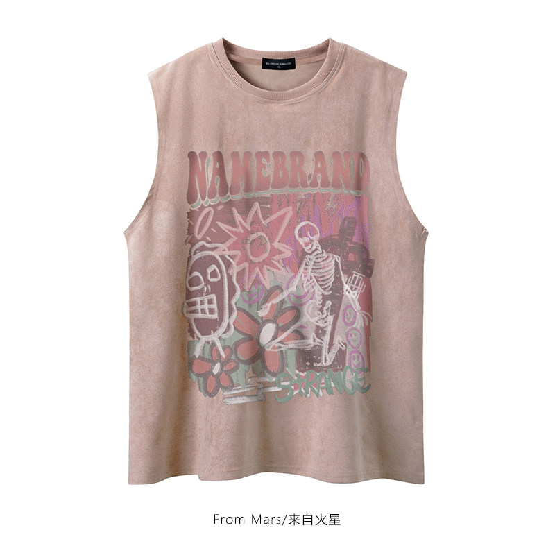From Mars 摘小花朵 美式复古麂皮绒骷髅印花背心宽松休闲无袖T恤