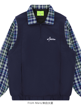 From Mars 蓝色格子 polo领设计感宽松上衣休闲长袖t恤男女衬衫bf