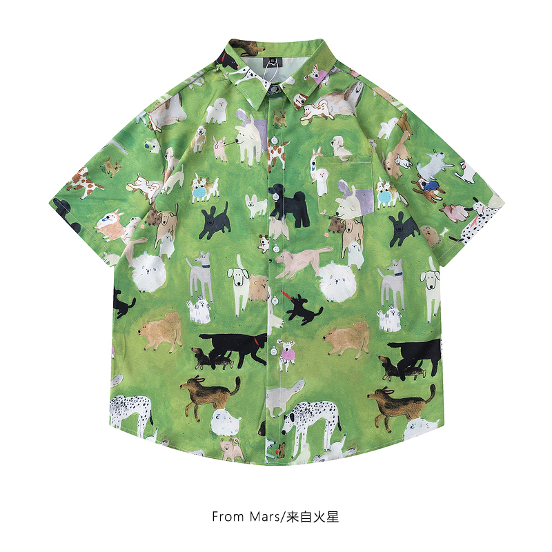 趣味动物满印夏季宽松bf短袖衬衫