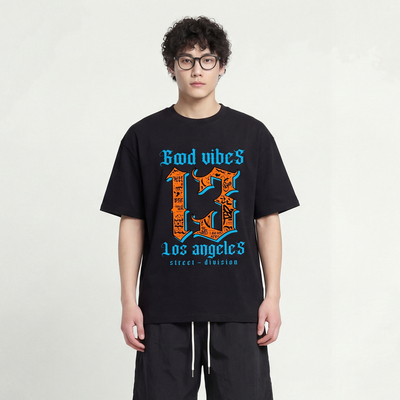 洛杉矶街头风13号印花T恤蓝橙