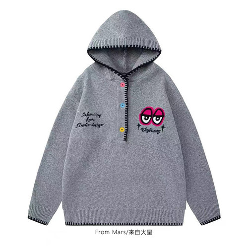 周一繁忙纽扣宽松连帽慵懒毛衣