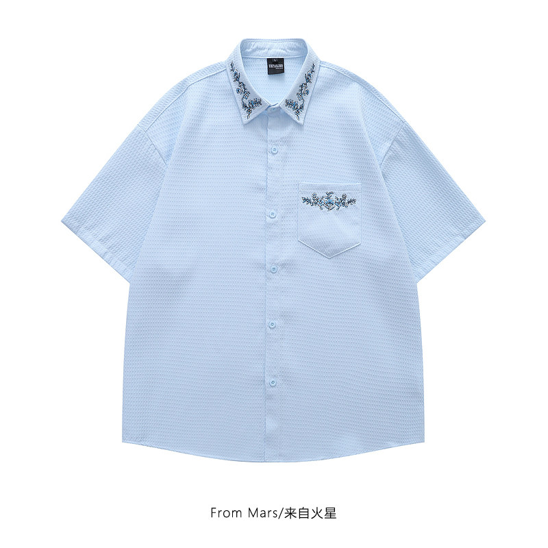 From Mars 酷酷一夏 小众设计卡通花卉刺绣宽松休闲短袖衬衫情侣,男装,衬衫,淘宝优惠券,粉丝福利购,淘宝优惠卷