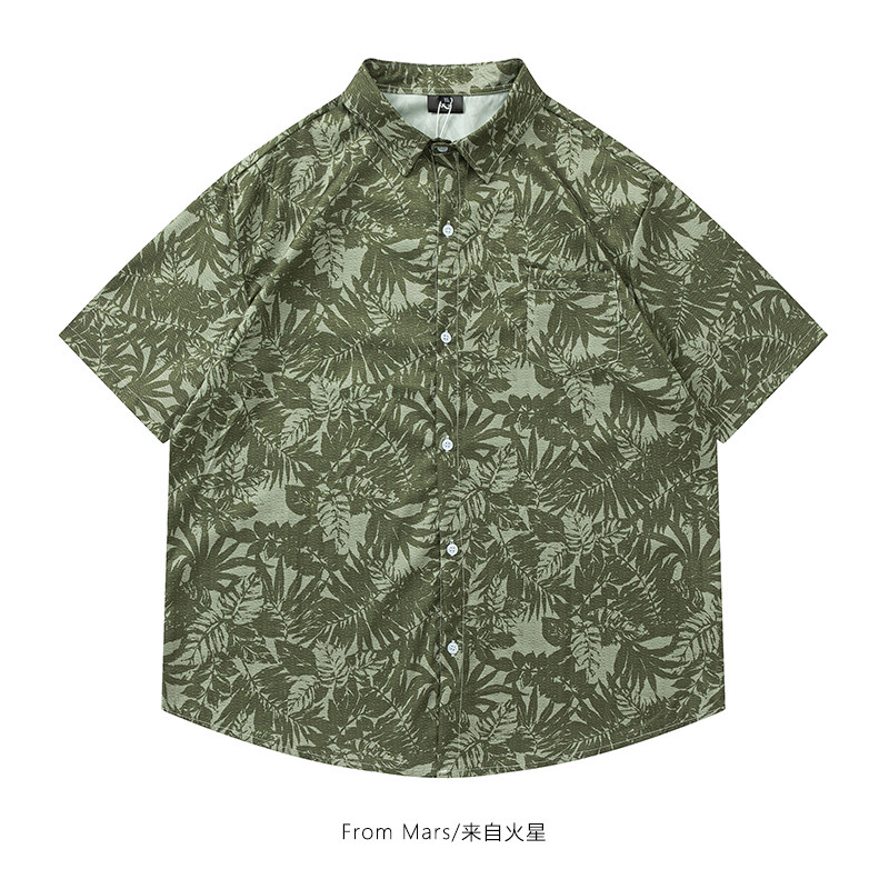 茂密的枝叶翻领短袖衬衫宽松