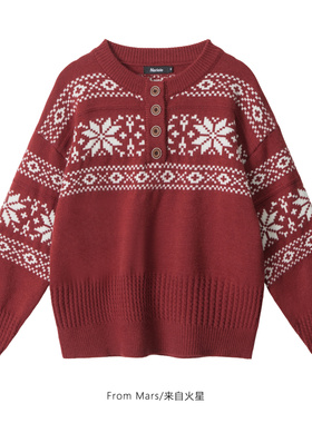From Mars 幸福不说话 小众复古费尔岛提花红色宽松套头毛衣女BF