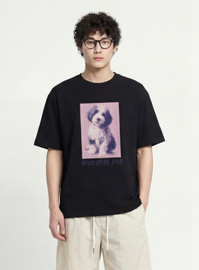 From Mars 做旧小狗 重磅纯棉印花T恤清新白色短袖