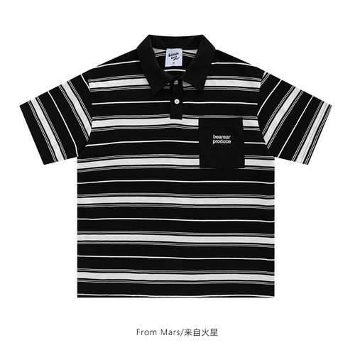 From Mars 黑白碰撞 日系宽松休闲撞色条纹POLO衫男短袖T恤