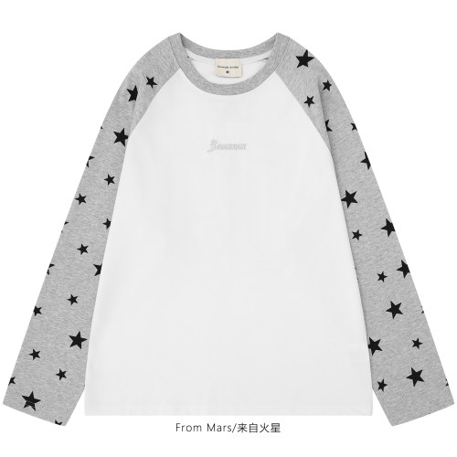 星星撞色宽松长袖T恤印花设计感