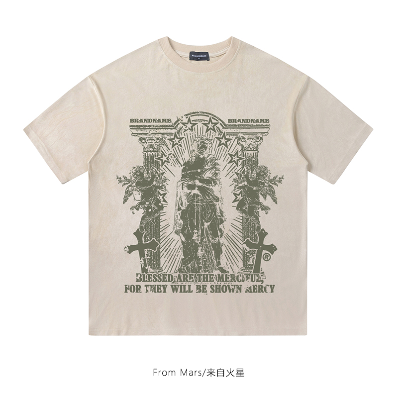 人物字母涂鸦短袖T恤宽松休闲