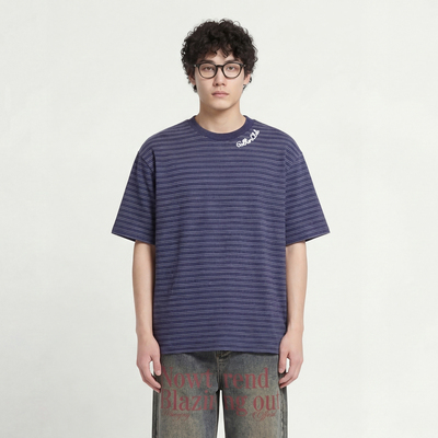 领口刺绣宽松短袖T恤复古落肩