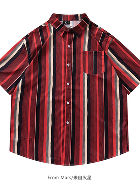 From Mars 永不止步 潮牌设计感红色竖条纹翻领短袖衬衫宽松休闲