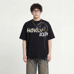 FromMars Broken hole drawstring short-sleeved T-shirt casual