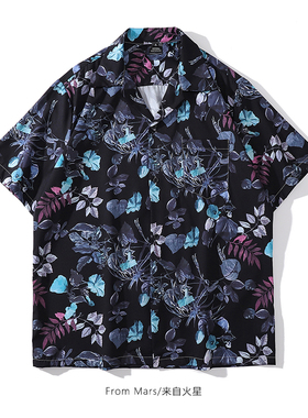 From Mars 黑色夜晚 艺术感花卉国潮牌古巴领宽松bf夏威夷风衬衫