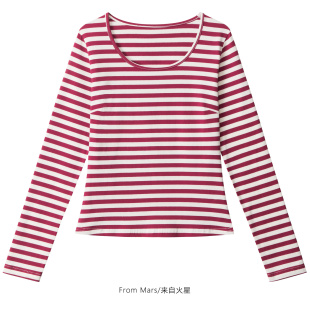 辣妹撞色条纹U领修身 爱上条纹 显瘦短款 新款 T恤女 From 长袖 Mars