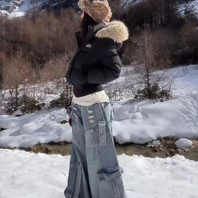 美式复古黑色大毛领棉服女冬修身显瘦短款棉袄小个子加厚保暖外套