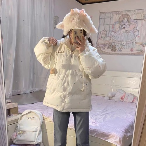 日系可爱小熊挂件棉服女冬季宽松甜美波点棉服小个子加厚保暖外套