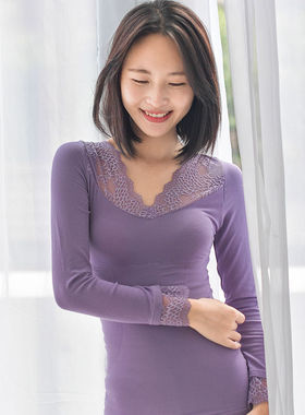 【清仓】有致保暖内衣女冬季加绒加厚紧身蕾丝低领防寒打底单上衣