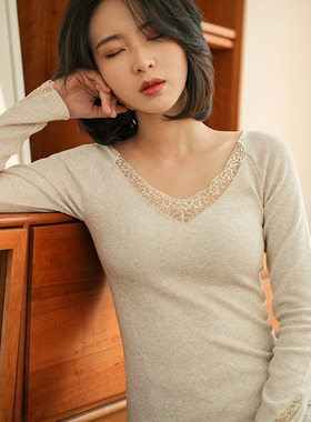 【清仓】有致保暖内衣女棉蕾丝V领毛圈美体紧身长袖秋衣打底上衣