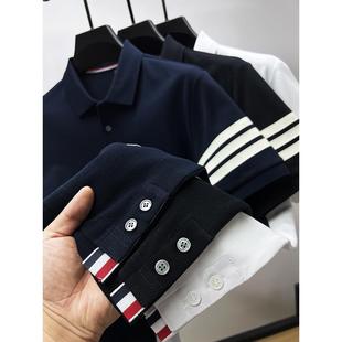 纯棉半袖 短袖 t恤男夏季 衣服 男装 下摆开叉 条纹polo衫
