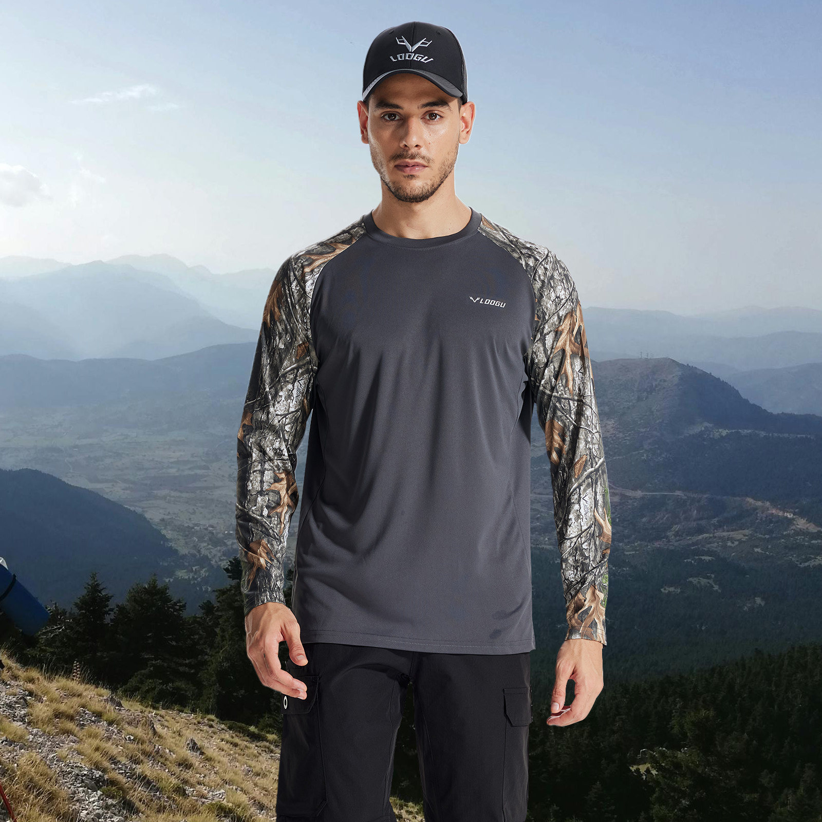 大码户外迷彩圆领弹力长袖速干运动透气垂钓狩猎健身训练服 T33