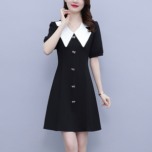 RY1509#大码女装法式娃娃领拼接短袖连衣裙收腰显瘦胖mm赫本风炸街短裙夏