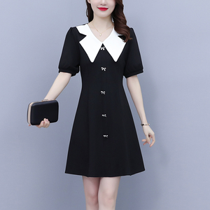 RY1509#大码女装法式娃娃领拼接短袖连衣裙收腰显瘦胖mm赫本风炸街短裙夏