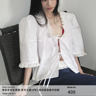 Rojo Oscuro智惠美人法式复古系带上衣女蕾丝花边白色高支棉衬衫