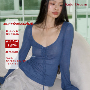 Rojo oscuro智惠美人薄纱针织穿打底衫系带正反面喇叭袖修身上衣