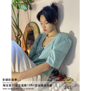 湖蓝格子衬衫 上衣女短款 夏 复古系带开衫 HEIRLOOM原创设计23SS法式