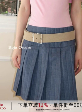 Rojo Oscuro智惠美人深蓝灰条纹辣妹西装短裙低腰百褶半裙女