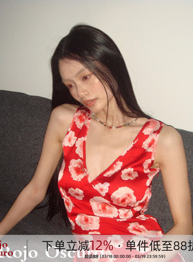 Rojo Oscuro智惠美人缎面深V领性感度假正红色印花系带气质连衣裙