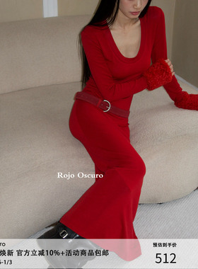 Rojo oscuro 智惠美人天丝棉羊毛正红圣诞U领性感连衣裙毛圈袖口
