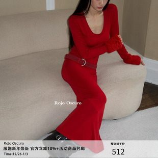 Rojo oscuro 智惠美人天丝棉羊毛正红圣诞U领性感连衣裙毛圈袖口