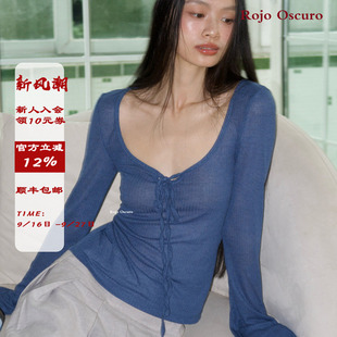 Rojo oscuro智惠美人薄纱针织穿打底衫系带正反面喇叭袖修身上衣