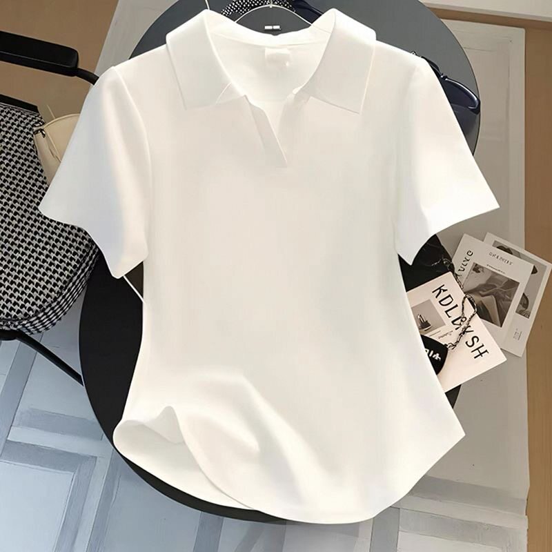夏季新款精选纯棉女士POLO领短款显瘦T恤纯色短袖下摆圆弧潮流ins