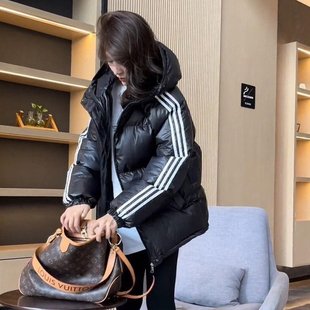 韩国风三条杠连帽羽绒棉服女冬季新款加厚面包服宽松短款外套女