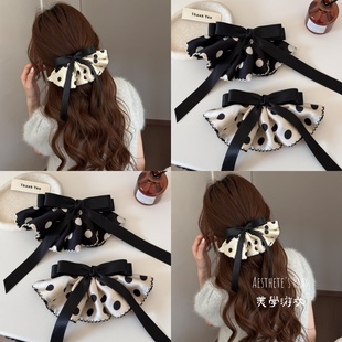 早春新款法式缎面波点蝴蝶结飘带盘发半扎发高颅顶发夹弹簧夹