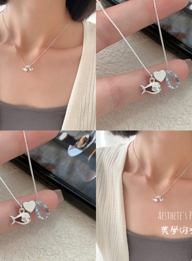 S925纯银蓝色水滴琉璃小鱼项链