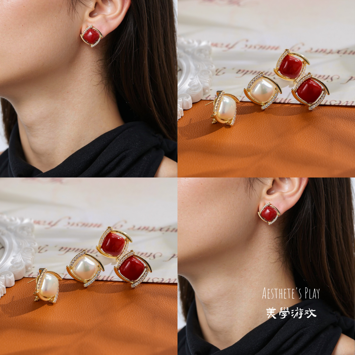 安卡拉红方块珍珠耳钉S925纯银针