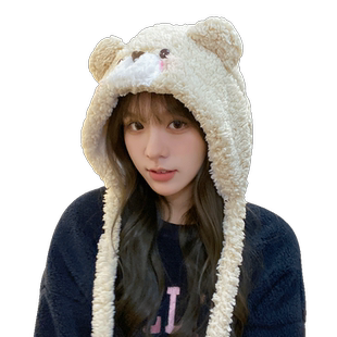 羊羔毛绒小熊耳朵帽子女秋冬季毛茸茸可爱头套加厚保暖护耳雷锋帽